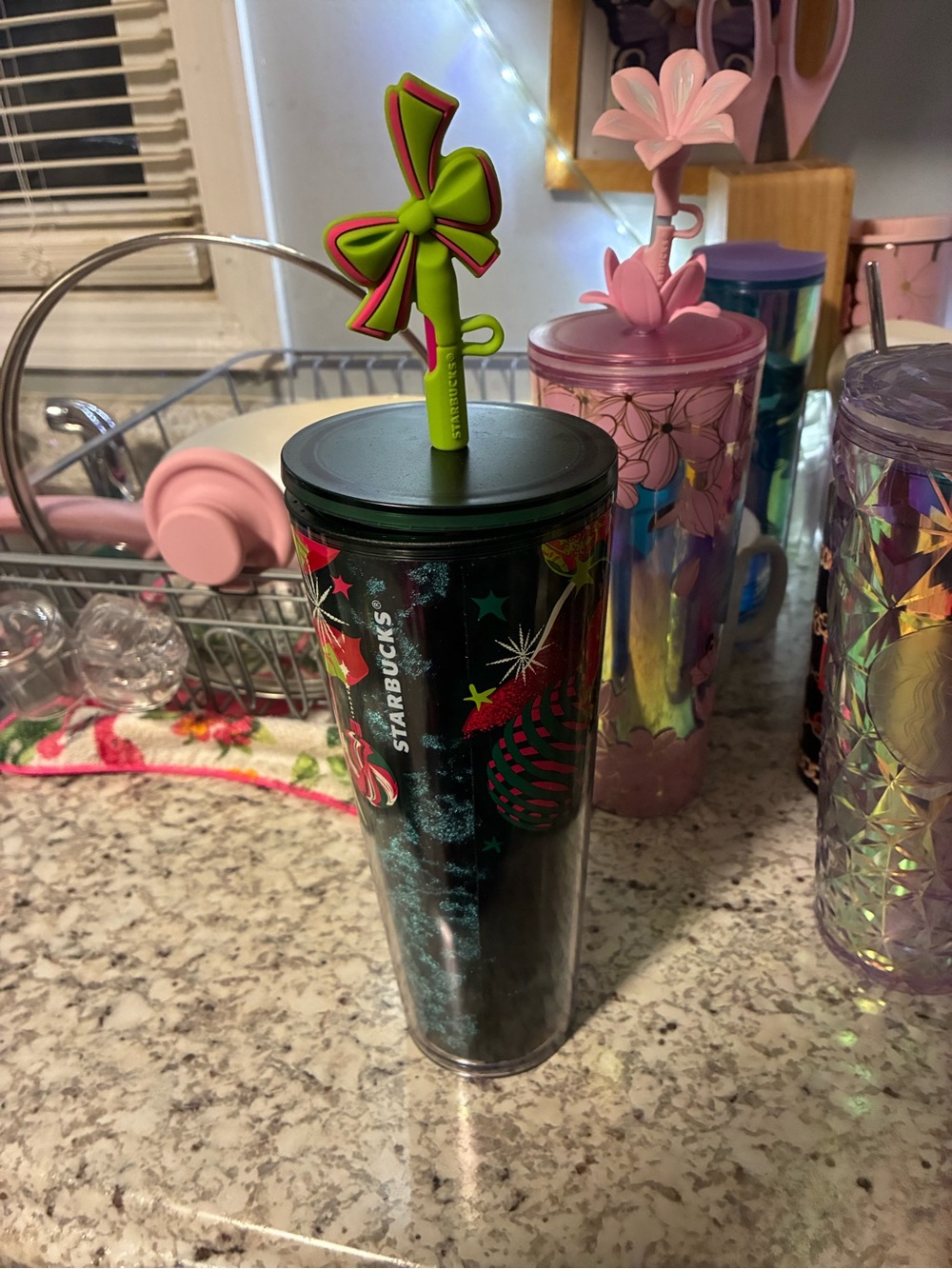 Starbucks Black Holiday Tumbler with Green and Pink Bow Stirrer